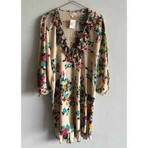 Du Soleil Womens Long Sleeve V-Neck Ruffled Floral Caftan Dress Tan Sz M